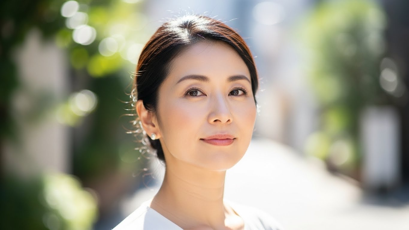 明るい日差しの中で、穏やかな表情で佇む40代女性のイメージ