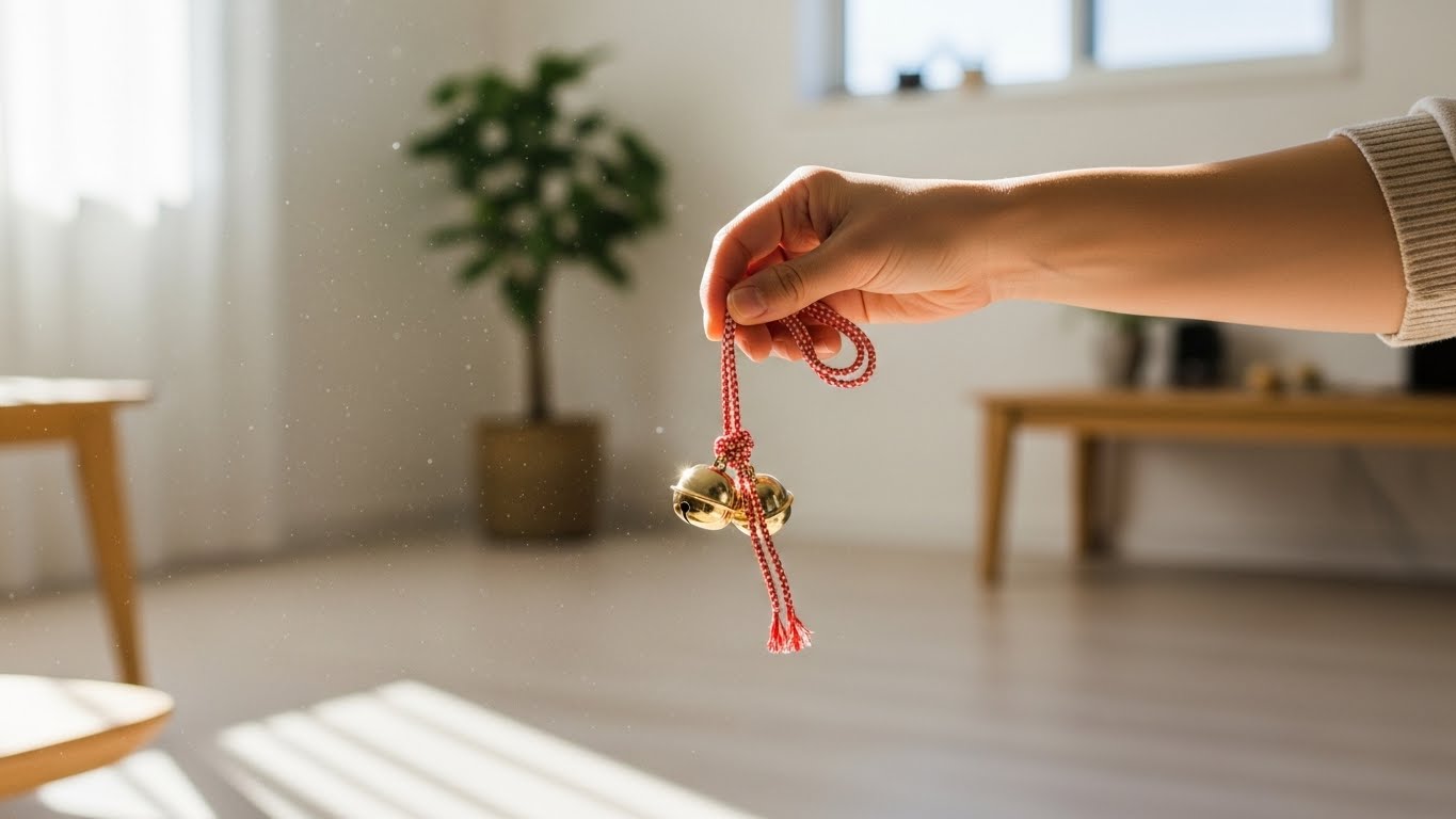 リビングの柔らかな光の中で巫女鈴を鳴らしている様子