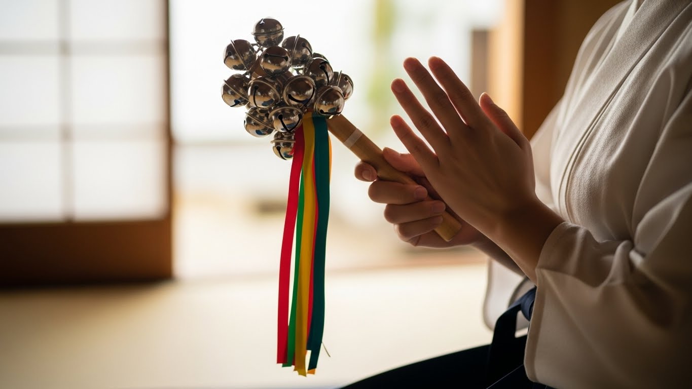 神楽鈴を静かに構えているイメージ