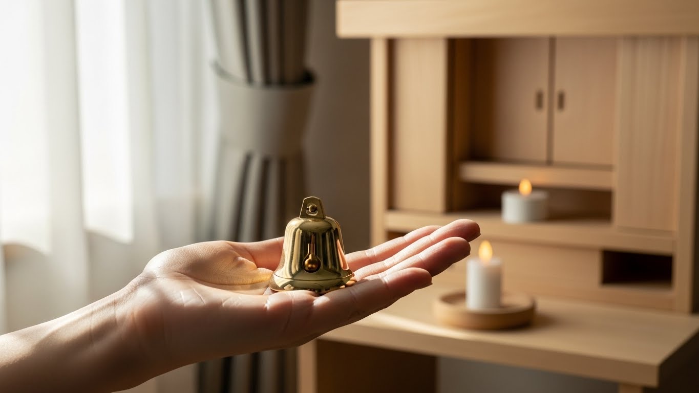 朝の光の中で鈴を鳴らす様子