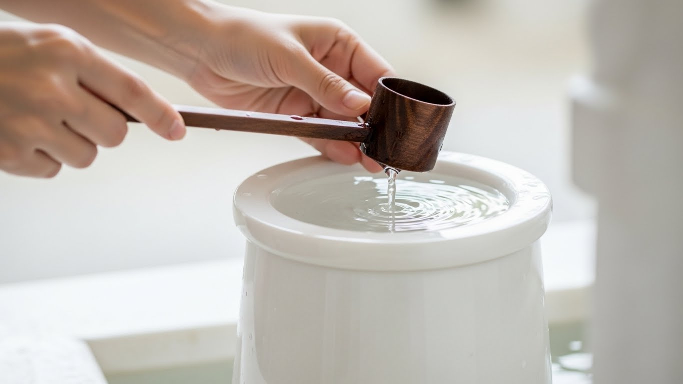 清潔な白い神具に水を入れている手元のイメージ