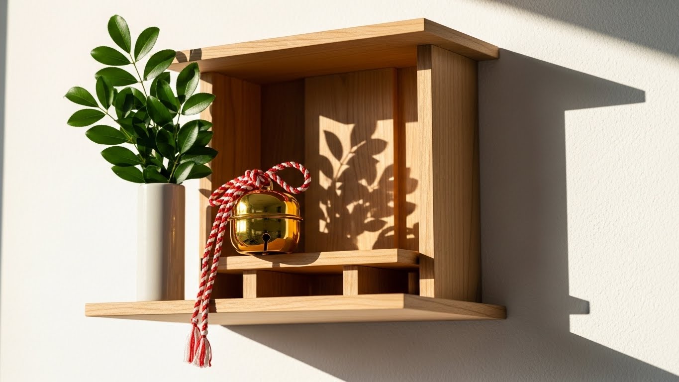 朝の光が差し込む神棚と添えられた幸運の鈴