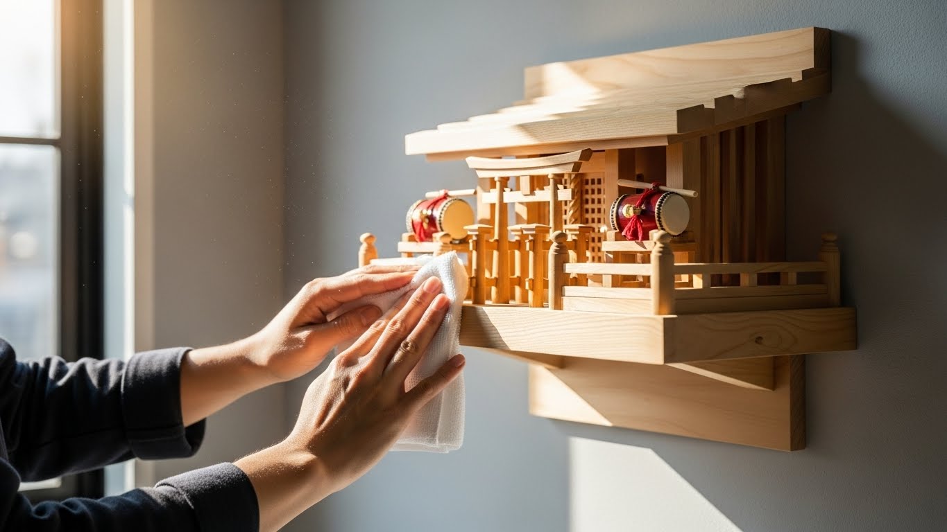 神棚を丁寧に掃除する様子