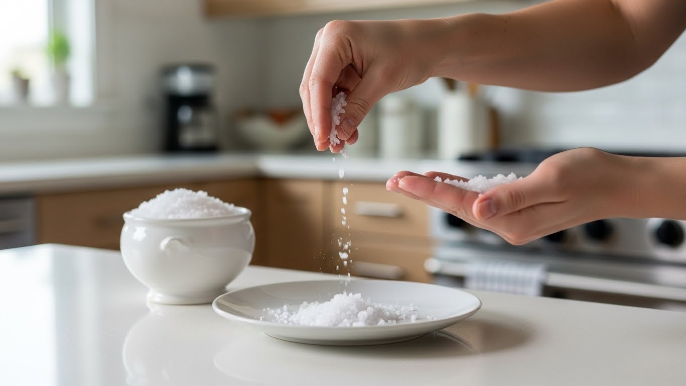 清潔なキッチンで、白い小皿に粗塩を盛ろうとしている手元のイメージ
