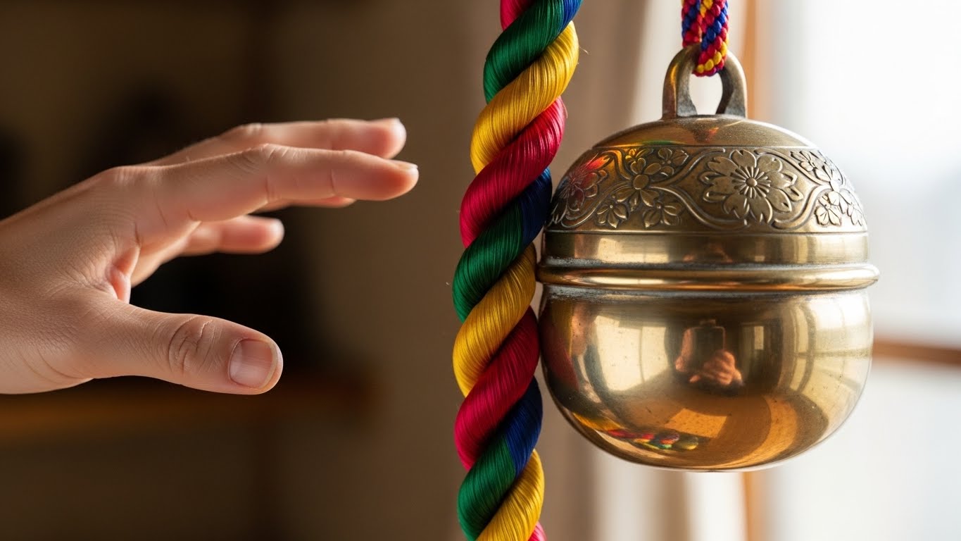 神棚の鈴紐を手に取る様子