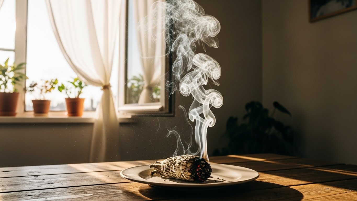 窓が開け放たれ、光と風が入る部屋で、耐熱皿に乗せたセージから煙が出ているシーン