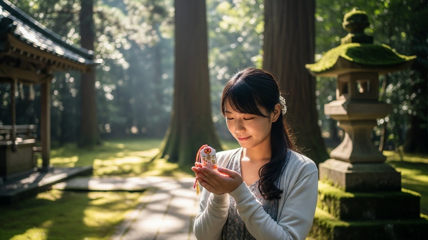 神社の境内で、お守りを手に持ち穏やかな表情で見つめるシーン
