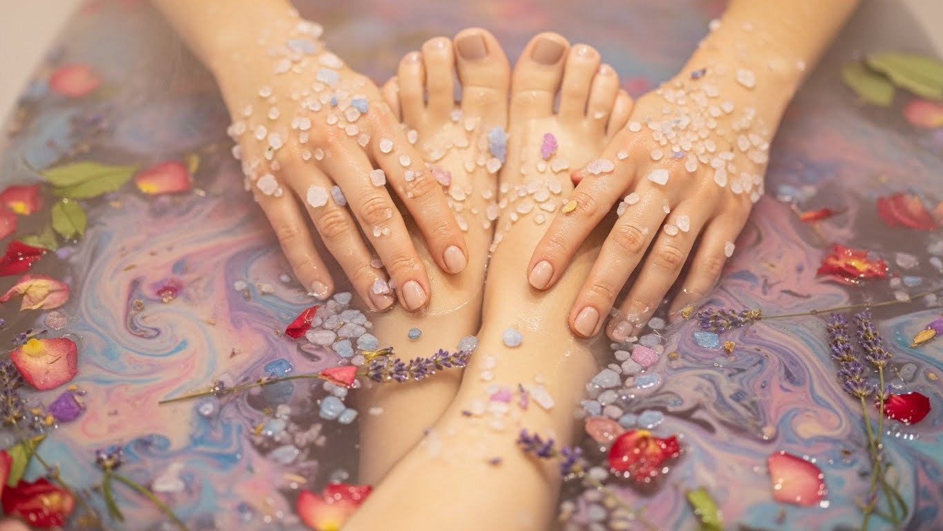 バスソルトを入れたお風呂でリラックスしている手元や足元のイメージ