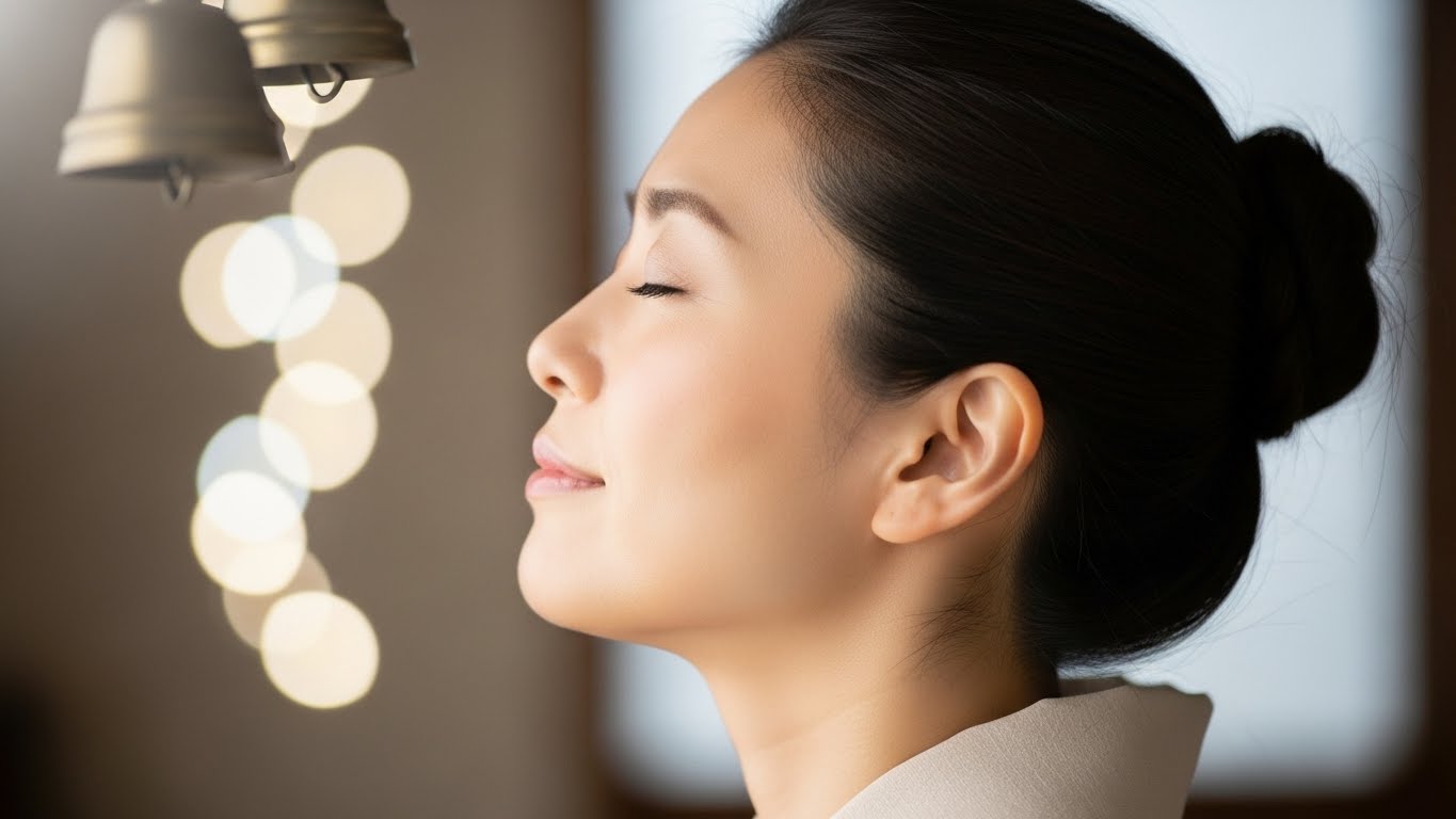 鈴の音を聴きながらリラックスする女性