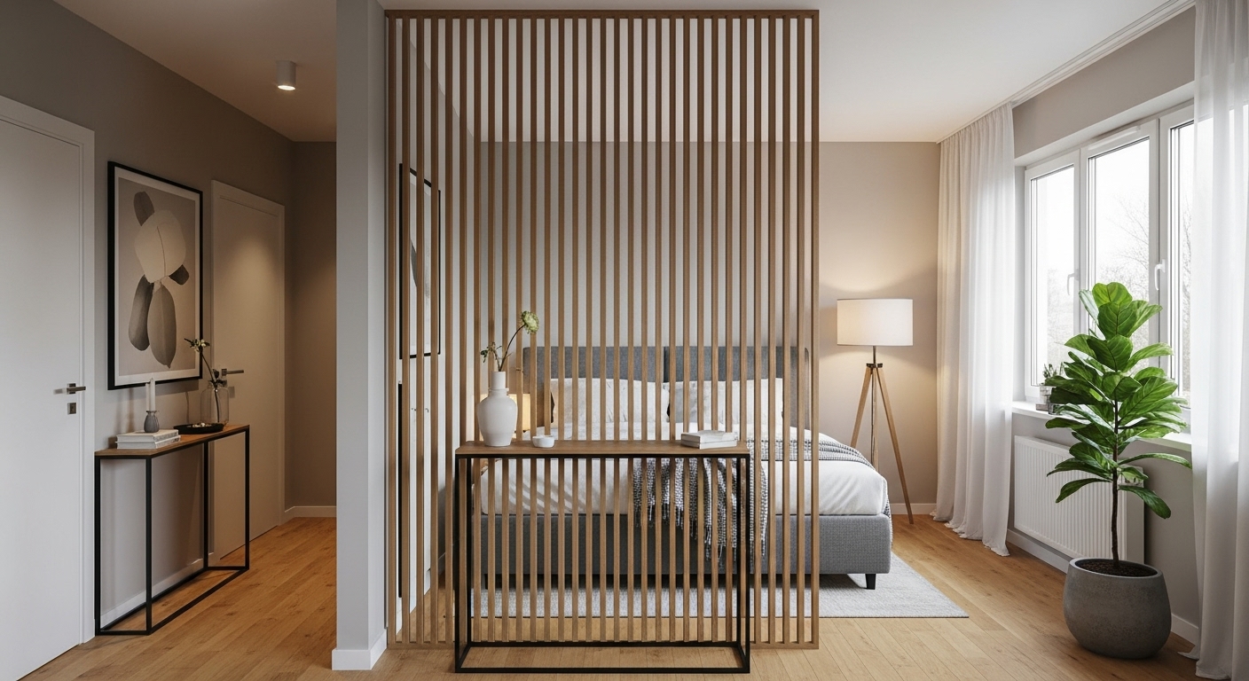 ワンルームの玄関とベッドの間にパーテーションを置き、視線を遮ってプライベート空間を作っている様子。落ち着いたインテリア