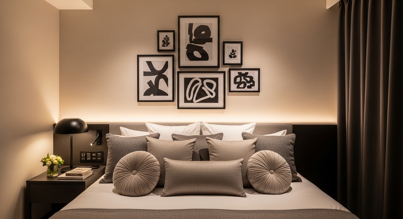 ヘッドボードのないベッドの壁に、おしゃれなフォトフレームを飾り、枕元にたくさんのクッションを並べてホテルライクに整えた20代の寝室