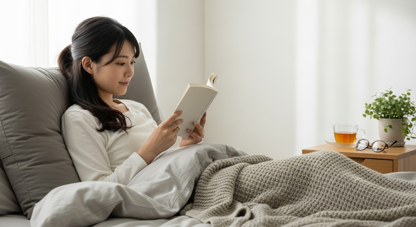 ヘッドボードなしのベッドで、ボリュームのあるクッションに背を預けてゆったりと読書を楽しむ20代の日本人。リラックスした日常シーン