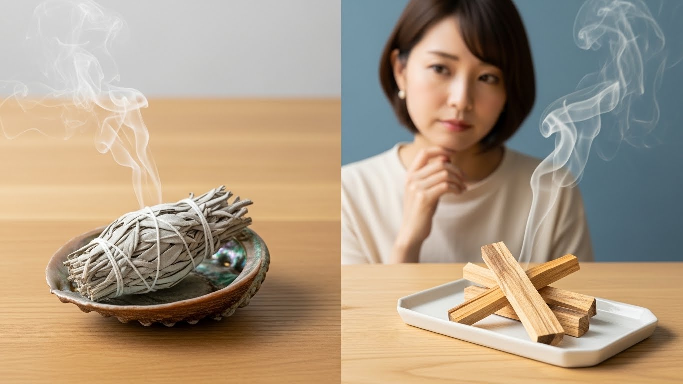 パロサントとホワイトセージを比較する女性