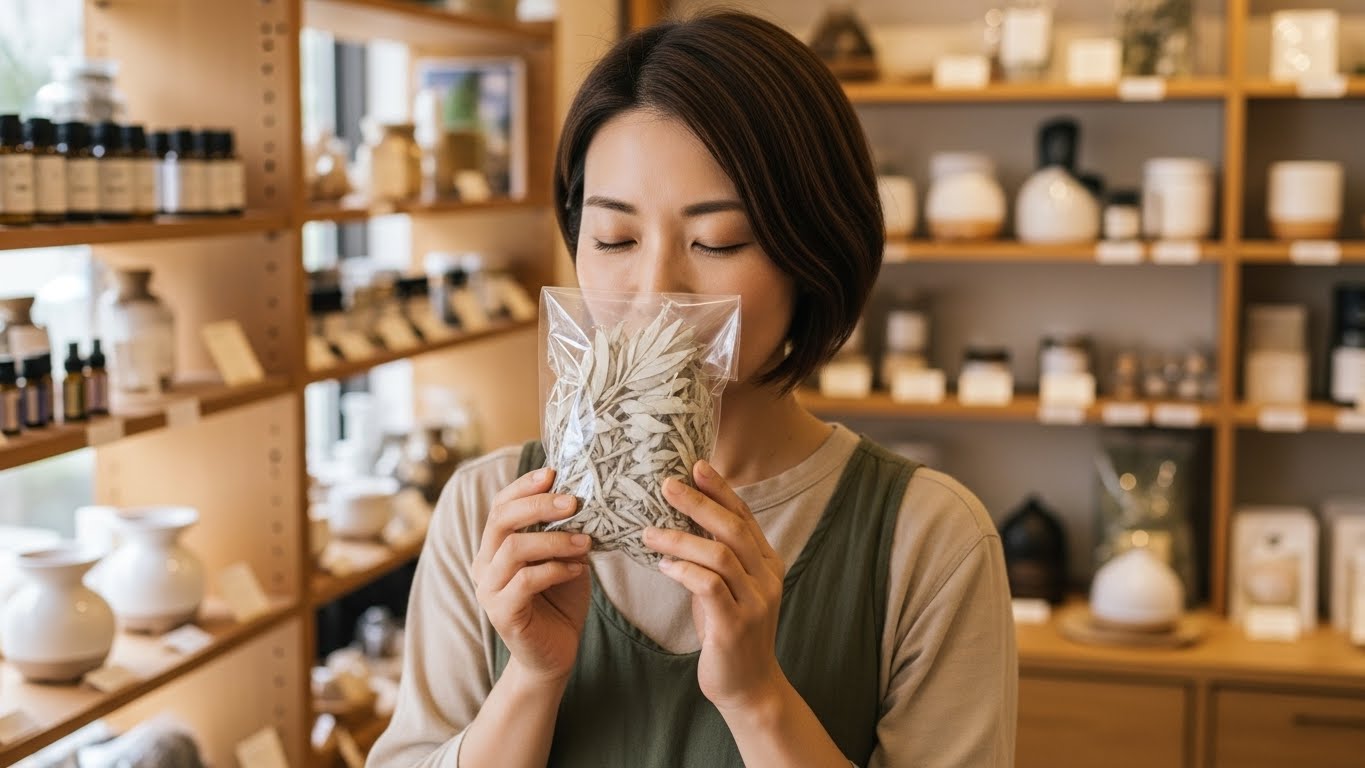 雑貨店でホワイトセージを選ぶ女性