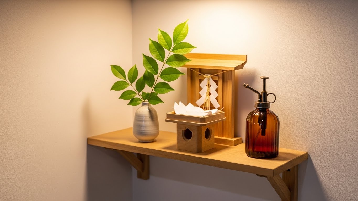 手作りスプレーと整えられた神棚スペース