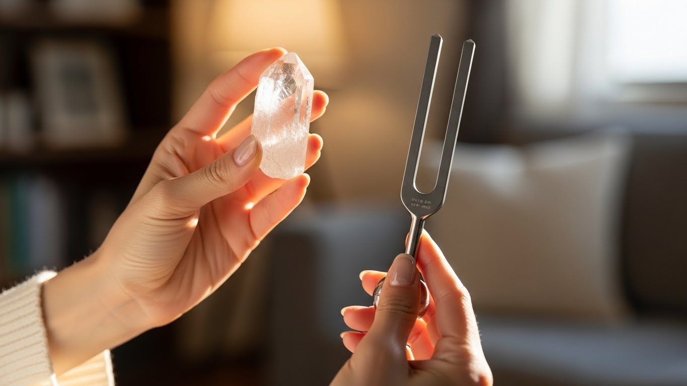 クリスタルチューナーと水晶を持つ手元