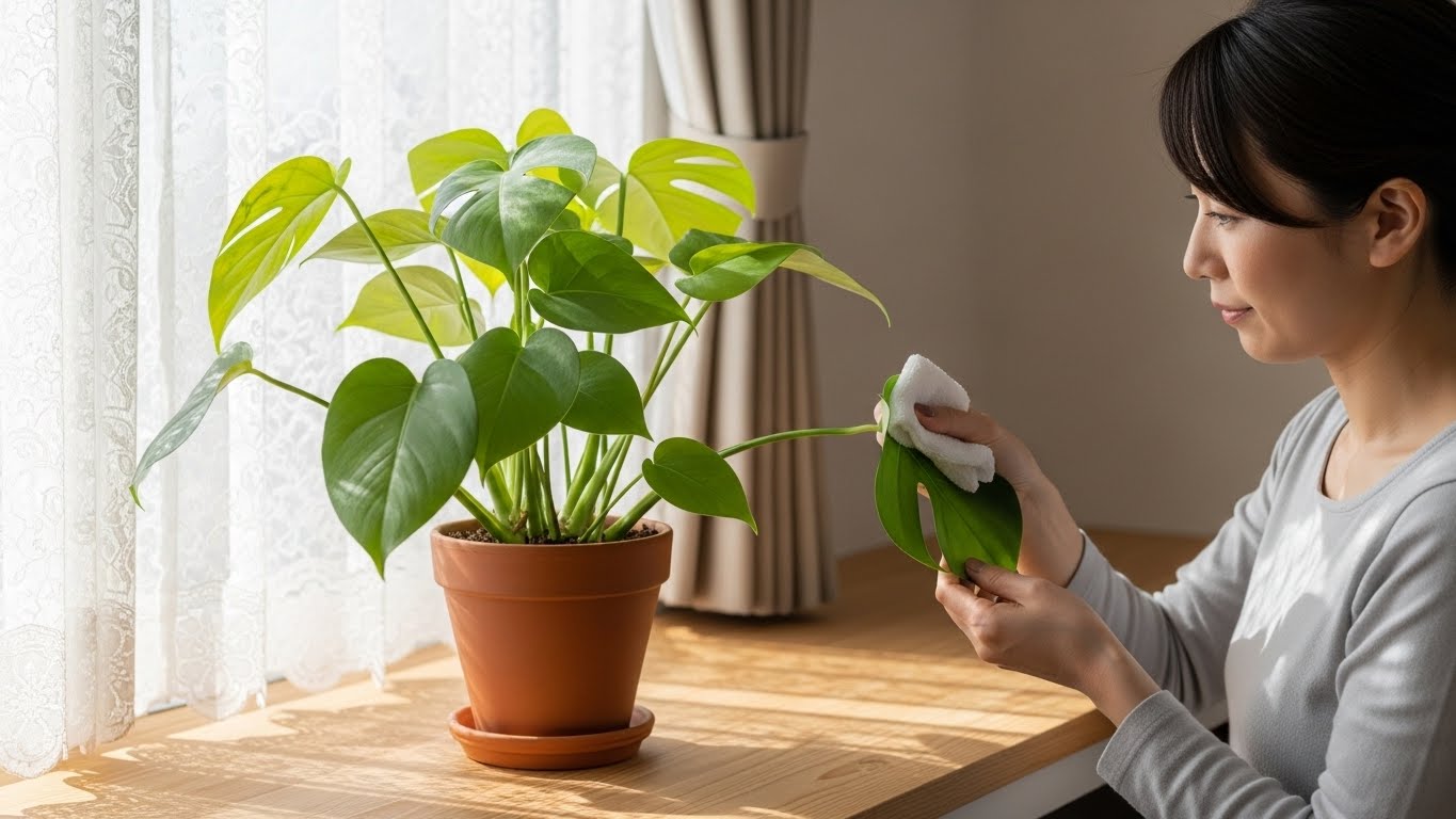 窓辺の観葉植物を手入れする女性