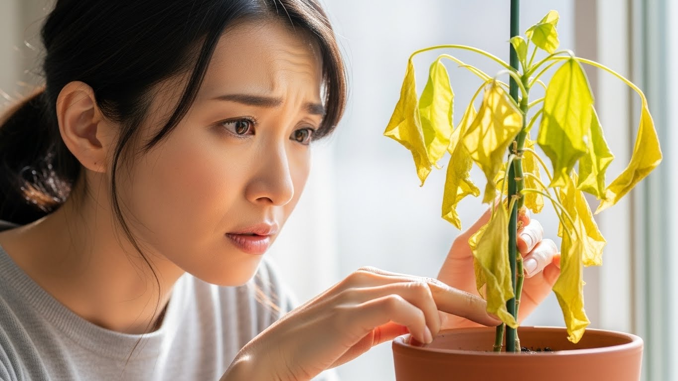 元気のない観葉植物を心配そうに見つめる女性