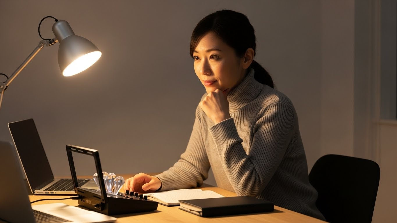 デスクに置かれたクリスタルチューナーを見つめる女性