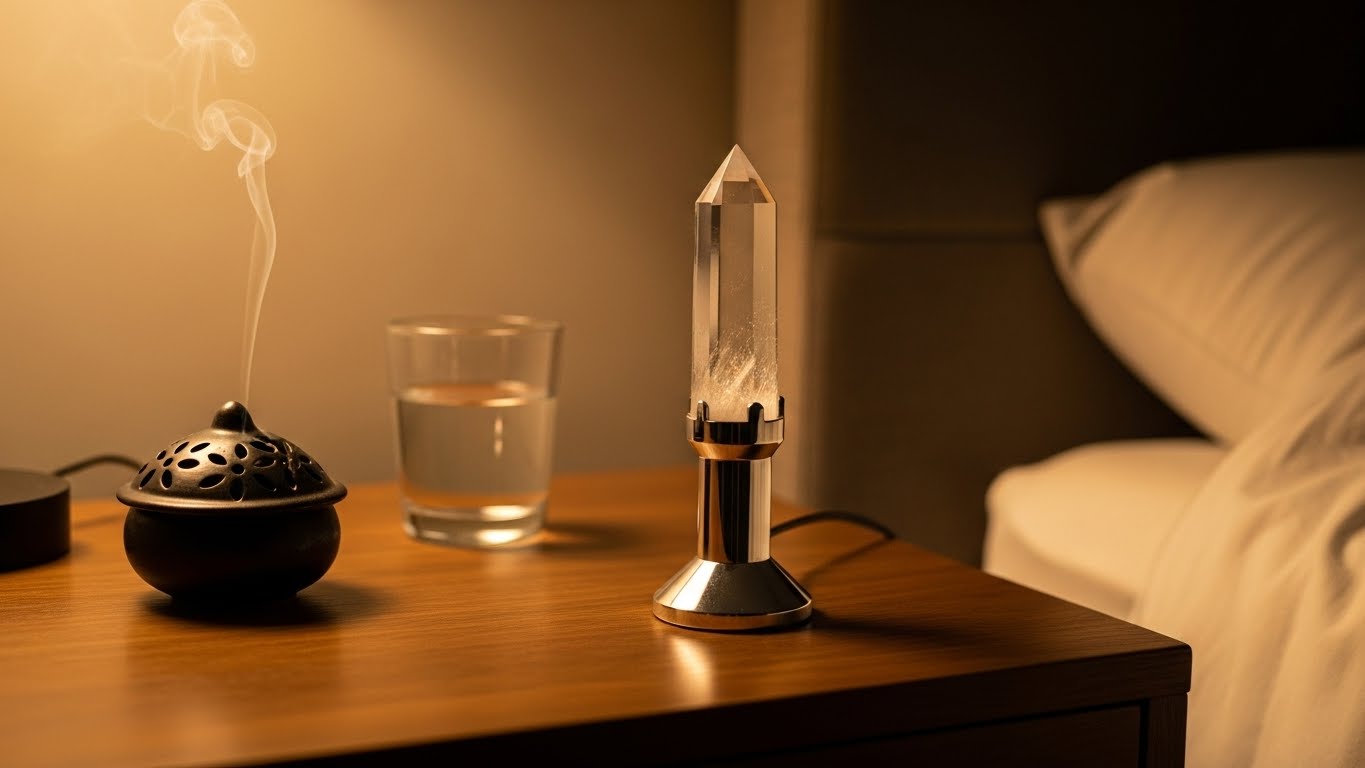 ベッドサイドに置かれたチューナーとお香