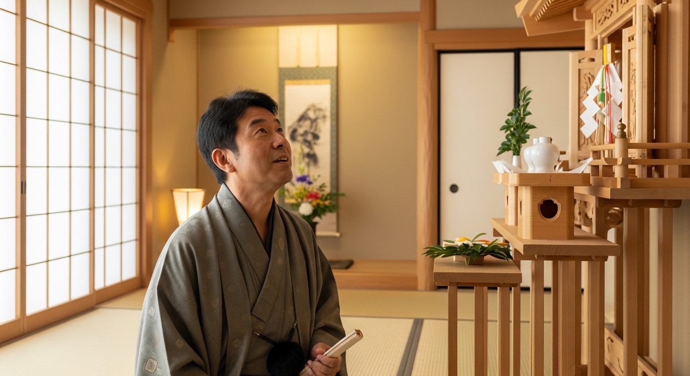 神棚の家鳴りの原因がわかり安心する日本人男性