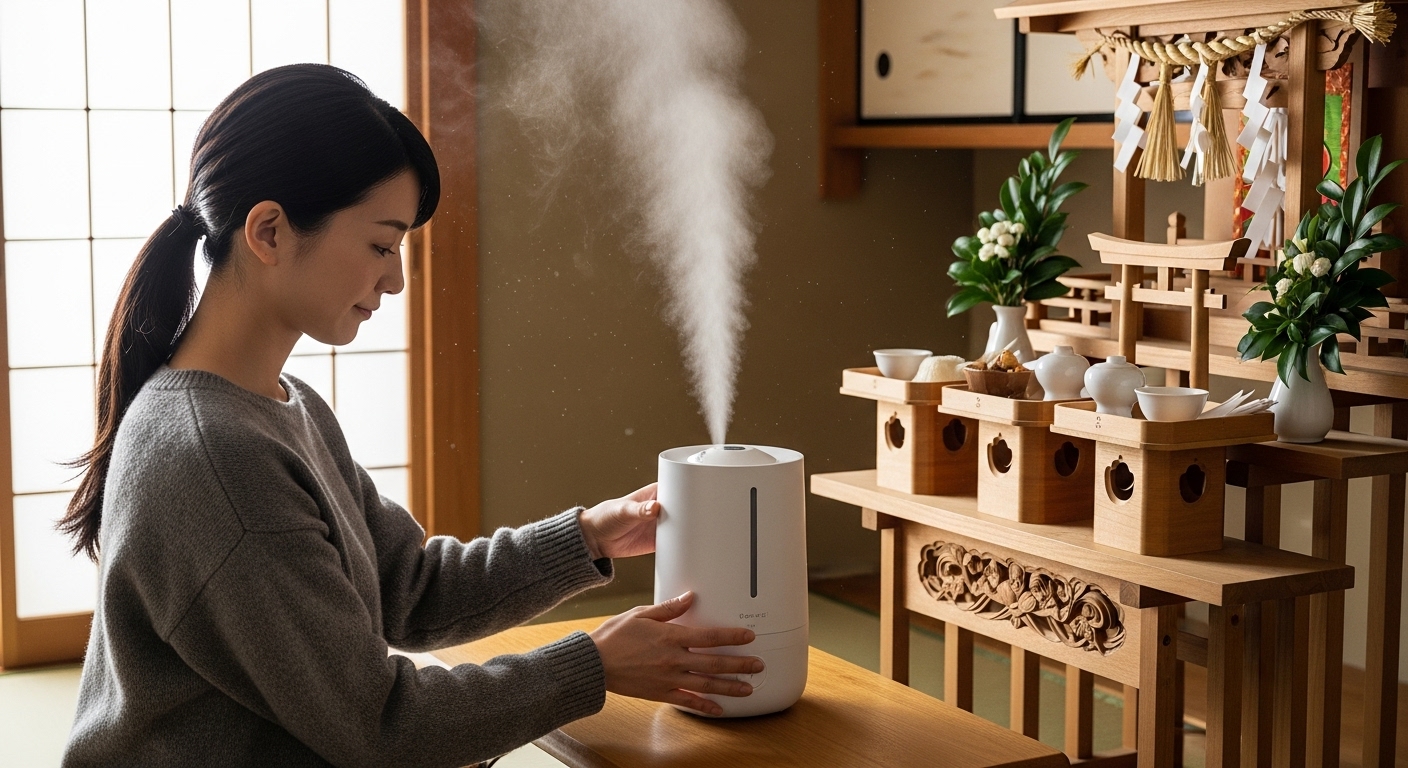神棚の乾燥対策として加湿器を設置する日本人女性