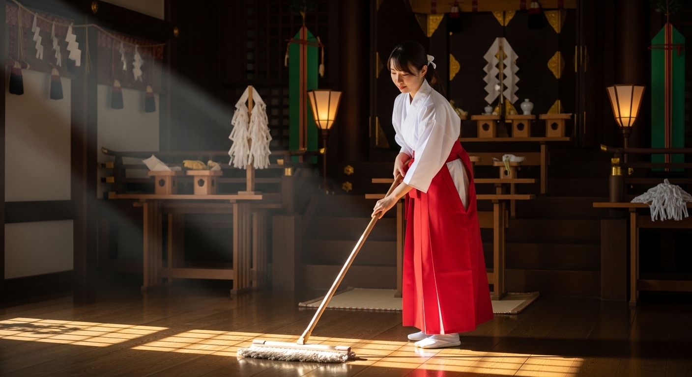 神棚の下を掃除して感謝を伝える日本人女性