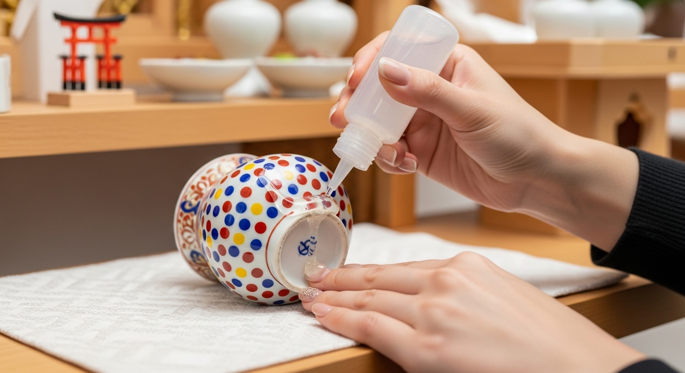 神棚の振動対策として耐震ジェルを貼る日本人女性