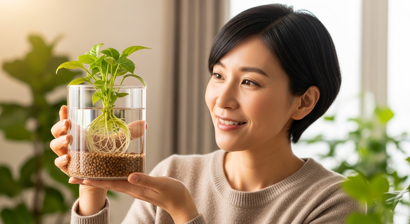 土を使わないハイドロカルチャーの植物を持つ日本人女性