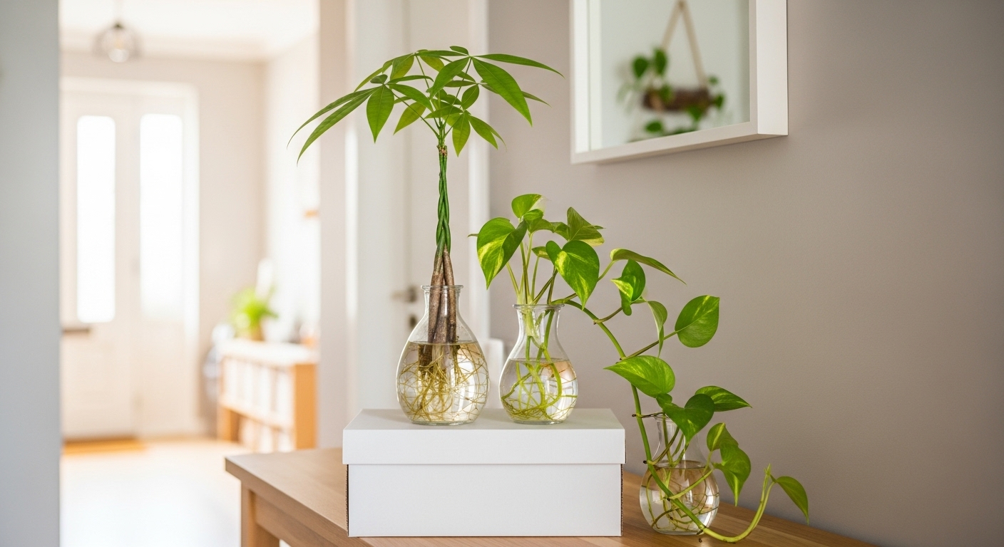 玄関に飾られたハイドロカルチャーのパキラとポトス