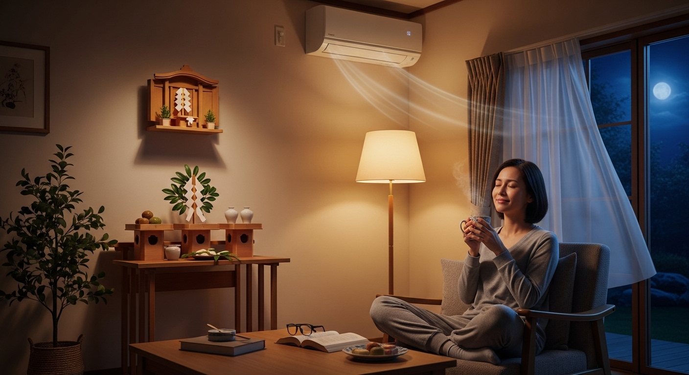 気温差による家鳴りとリラックスする女性