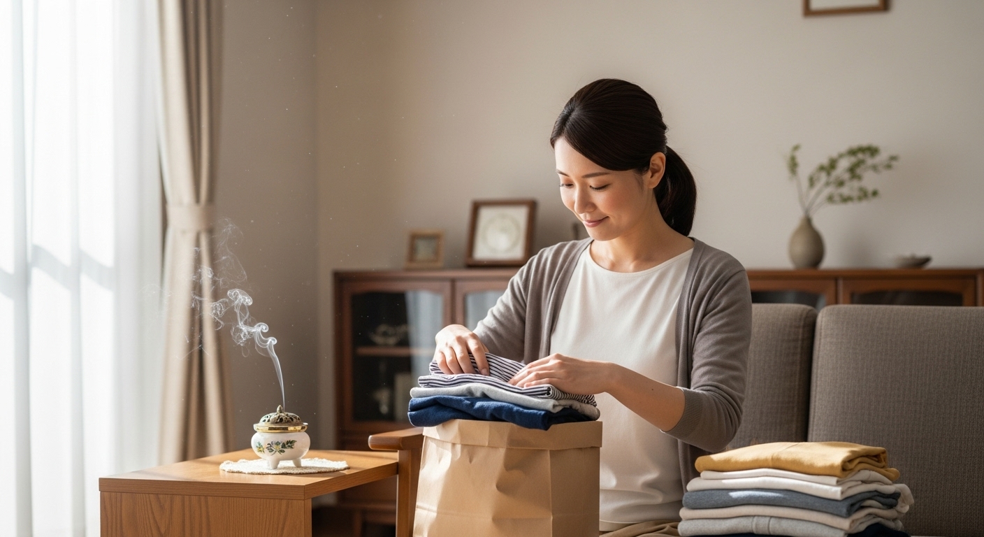 感謝を込めて服を手放す女性とお香