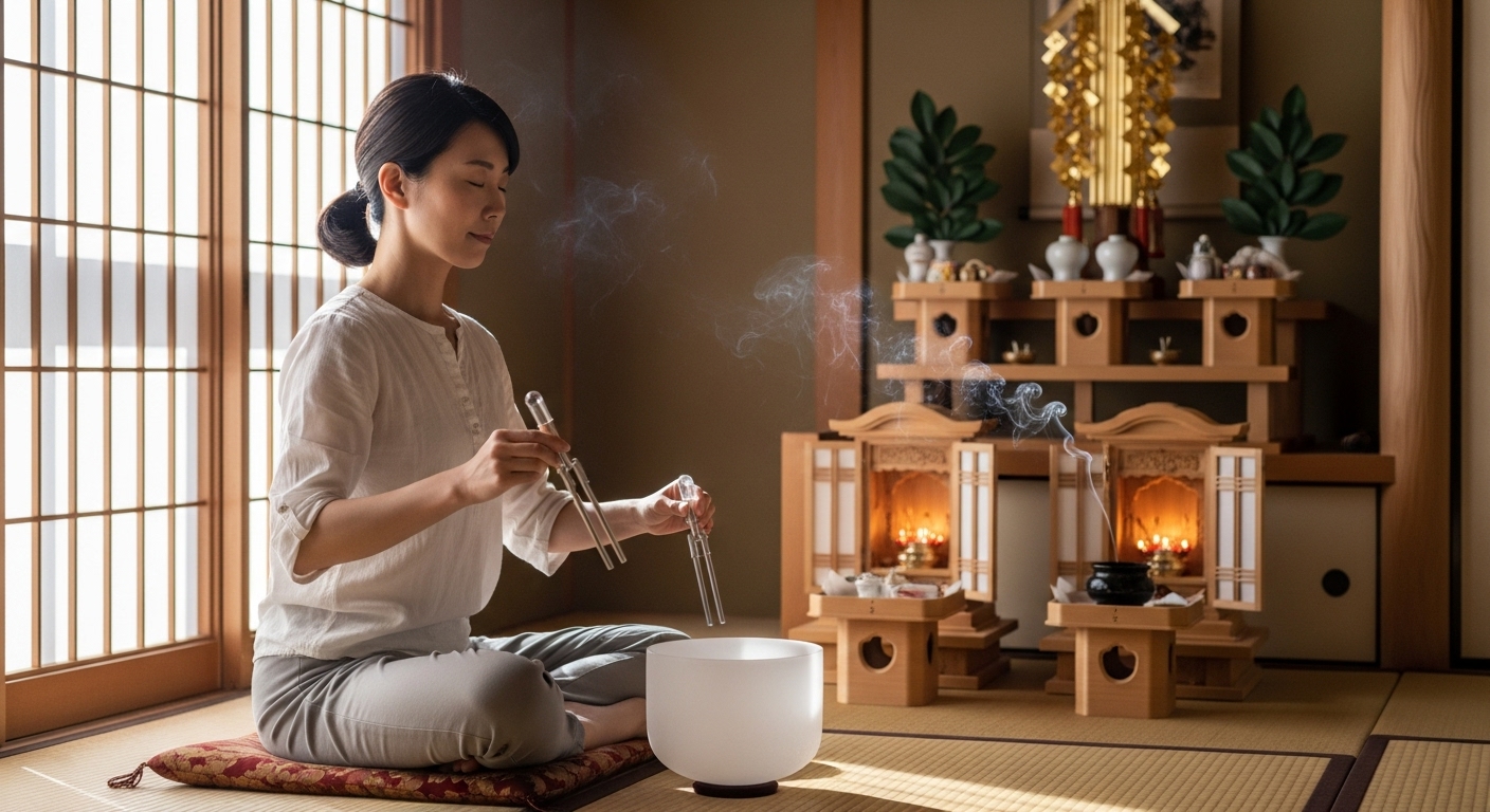 クリスタルチューナーで自身を浄化する女性