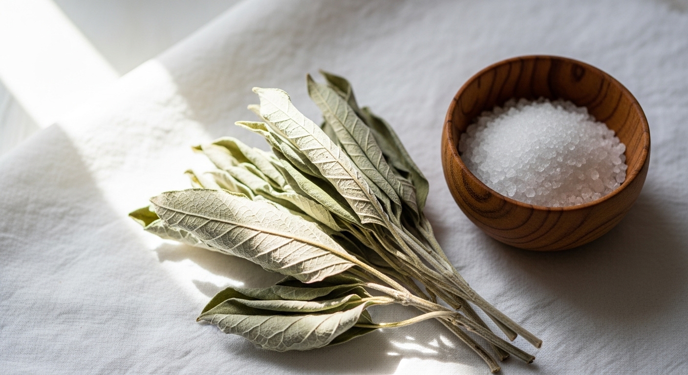 浄化のためのホワイトセージと天然塩の静物