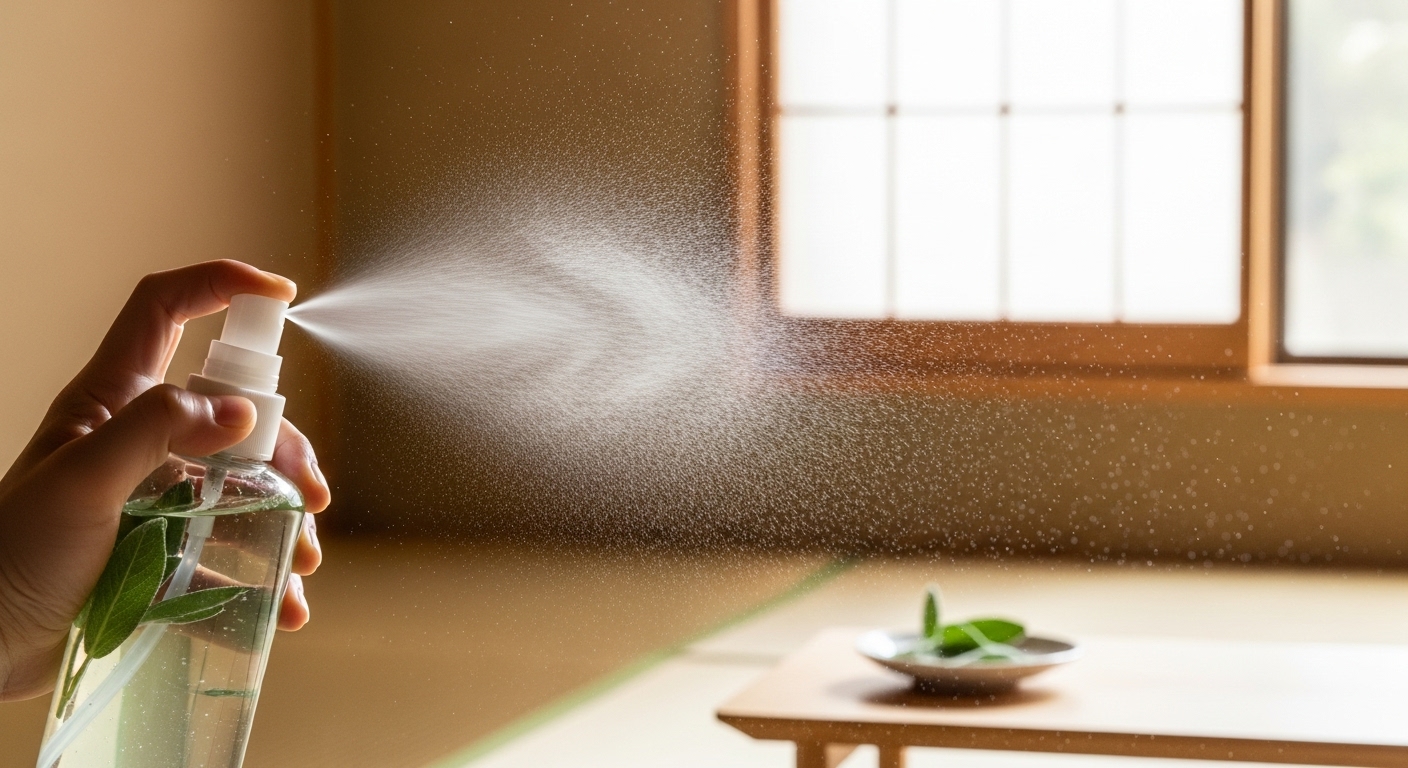 手作りセージスプレーで空間を整える様子