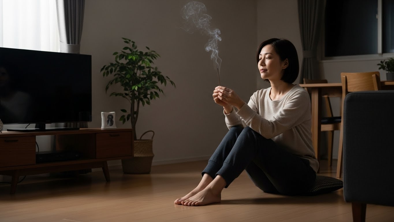 夜のリビングでリラックスする30代日本人女性。お香の煙を静かに見つめている。部屋は片付いており、温かい雰囲気。