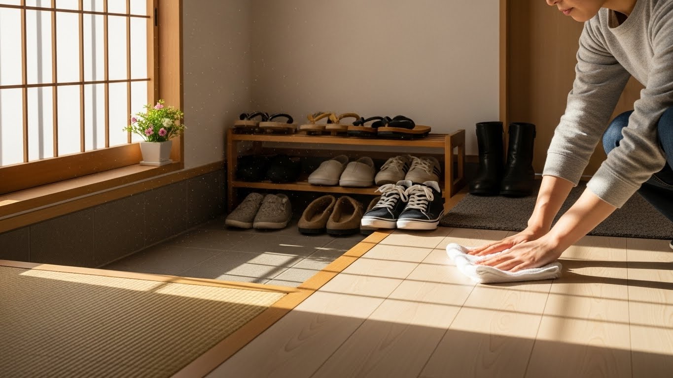 整頓された明るい日本の玄関。白い布で床（たたき）を拭いている手元。日差しが差し込み、新鮮で清らかな雰囲気。