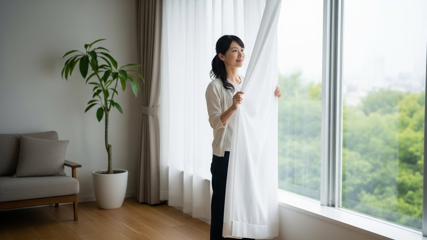 窓を開けて部屋の空気を入れ替える女性