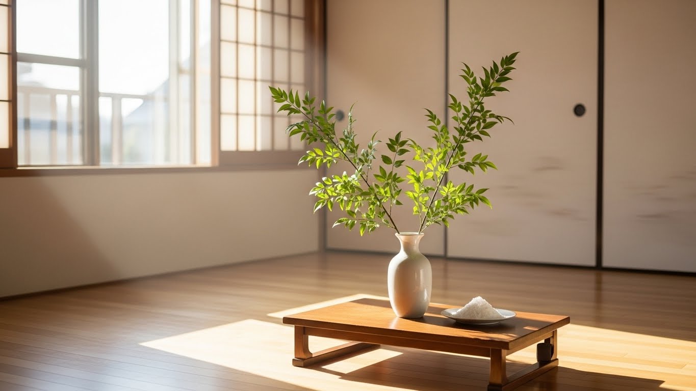 A bright and clean Japanese room with morning sunlight streaming in. A wooden floor, a white vase with green Sakaki branches on a low table. A small white plate with salt is placed nearby. Natural, fresh, and spiritual atmosphere. Realistic style. （朝陽が差し込む明るく清潔な和室。フローリング、低いテーブルの上に緑の榊が活けられた白い花瓶。近くに白い小皿に盛られた塩。自然的で新鮮、精神的な雰囲気。）