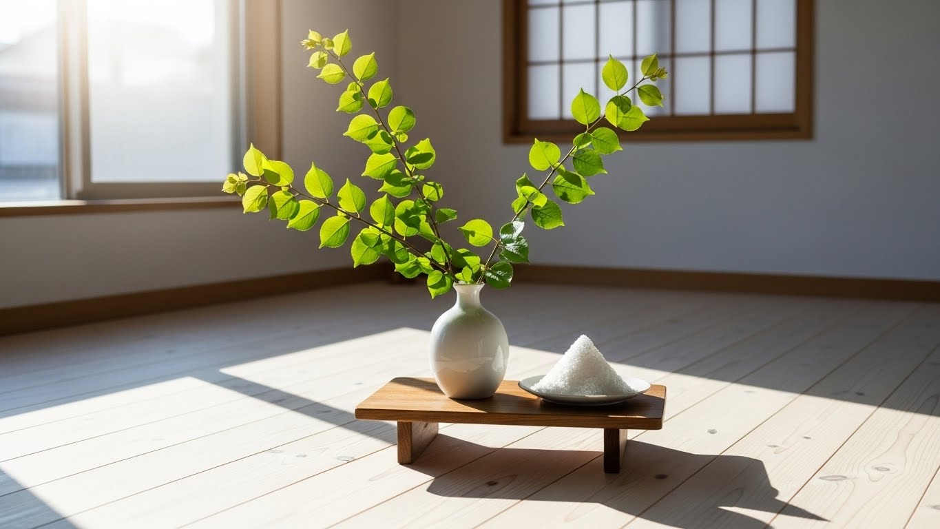 明るい日差しが差し込む清潔な部屋と浄化アイテム