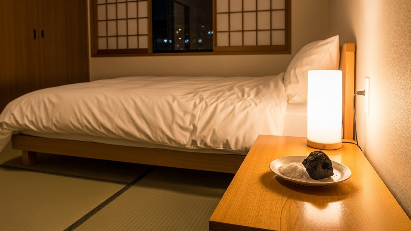 夜の静かな日本の寝室、柔らかく温かい照明。ふわふわの白いシーツの快適なベッド。サイドテーブルには小皿の塩と炭のオブジェ。人はおらず、静寂な聖域のような雰囲気。