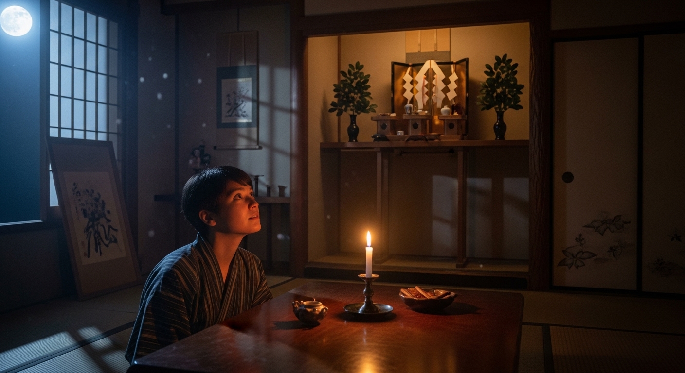 薄暗い部屋で、神棚を見つめる若い日本人。パチパチという音の原因を探りながらも、どこか穏やかな表情をしているシーン