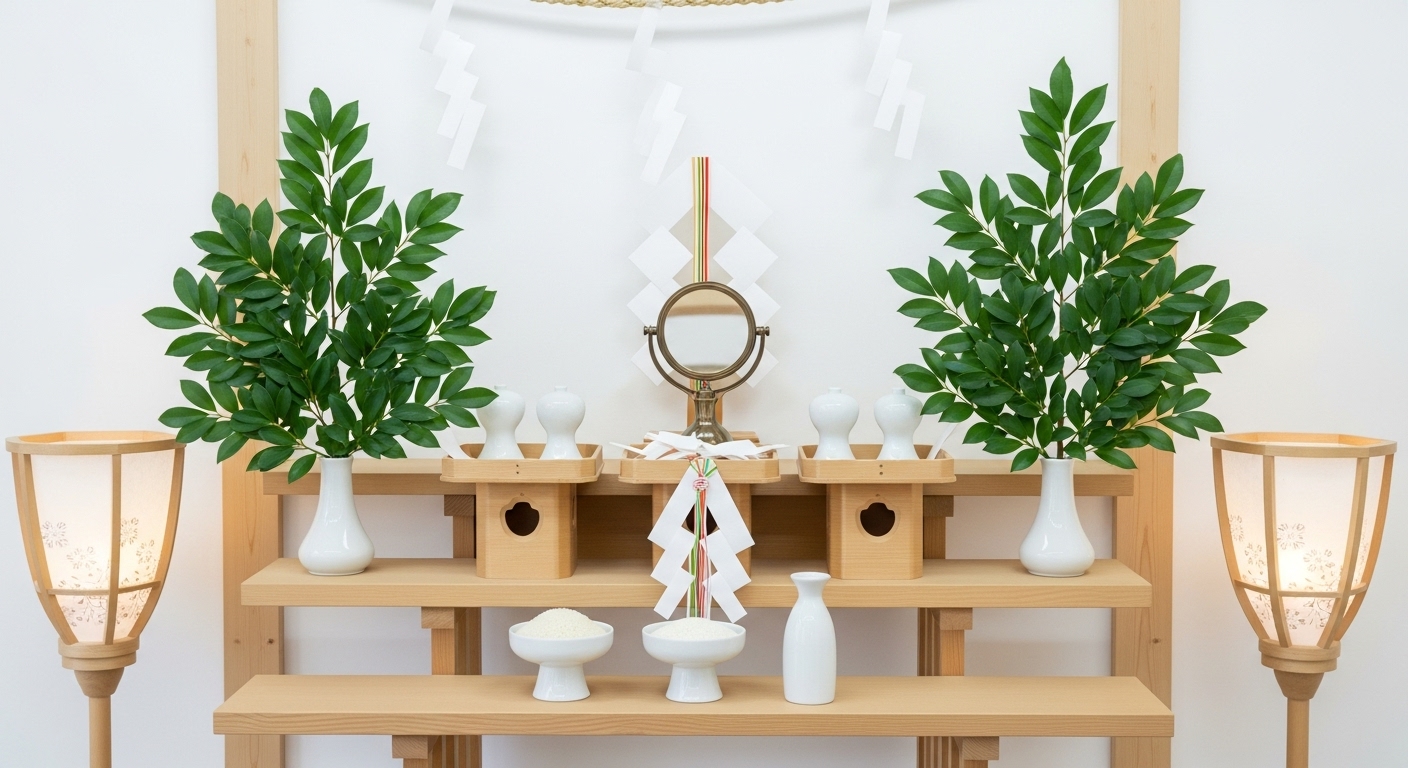 新しく整えられた神具セットと、青々とした榊が飾られた神棚。清潔感があり、背筋が伸びるような神聖な構図