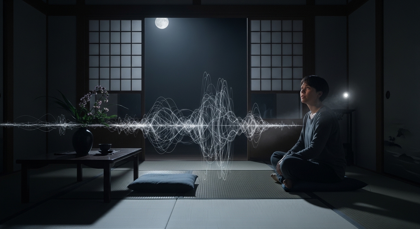 静かな夜の部屋で、耳を澄ませながらも落ち着いた表情で座る20代の日本人。空間のエネルギーを感じている神秘的なシーン