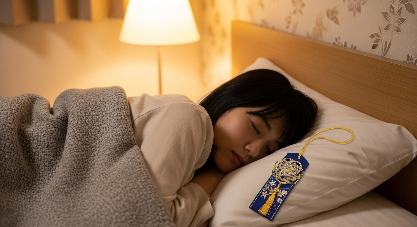 枕元に置かれた美しい護符と、安らかに眠る20代の日本人。守られている安心感が伝わる寝室の構図