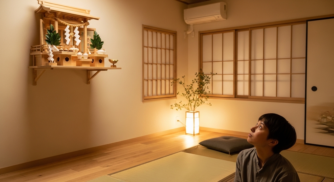 神棚の棚板を慎重に確認し、掃除をしている20代の日本人。清潔感のある部屋と柔らかな光。