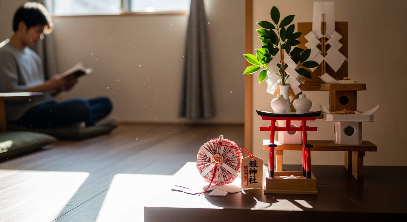 神棚の横にそっと置かれた護符と、清々しい空気感の漂う20代の自室。安心感に包まれたプライベート空間