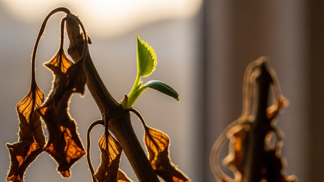 枯れかけた観葉植物の茎から出る新芽