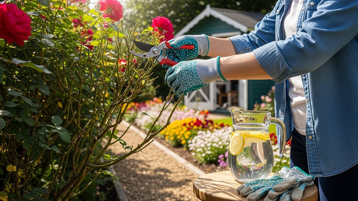 枯れた観葉植物の枝を剪定する様子