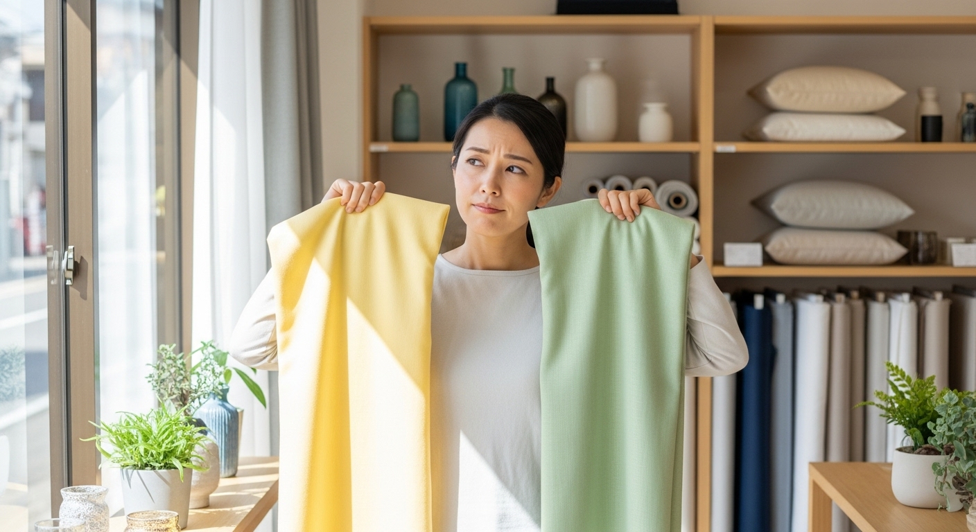 自分に合うカーテンの色を選んでいる様子